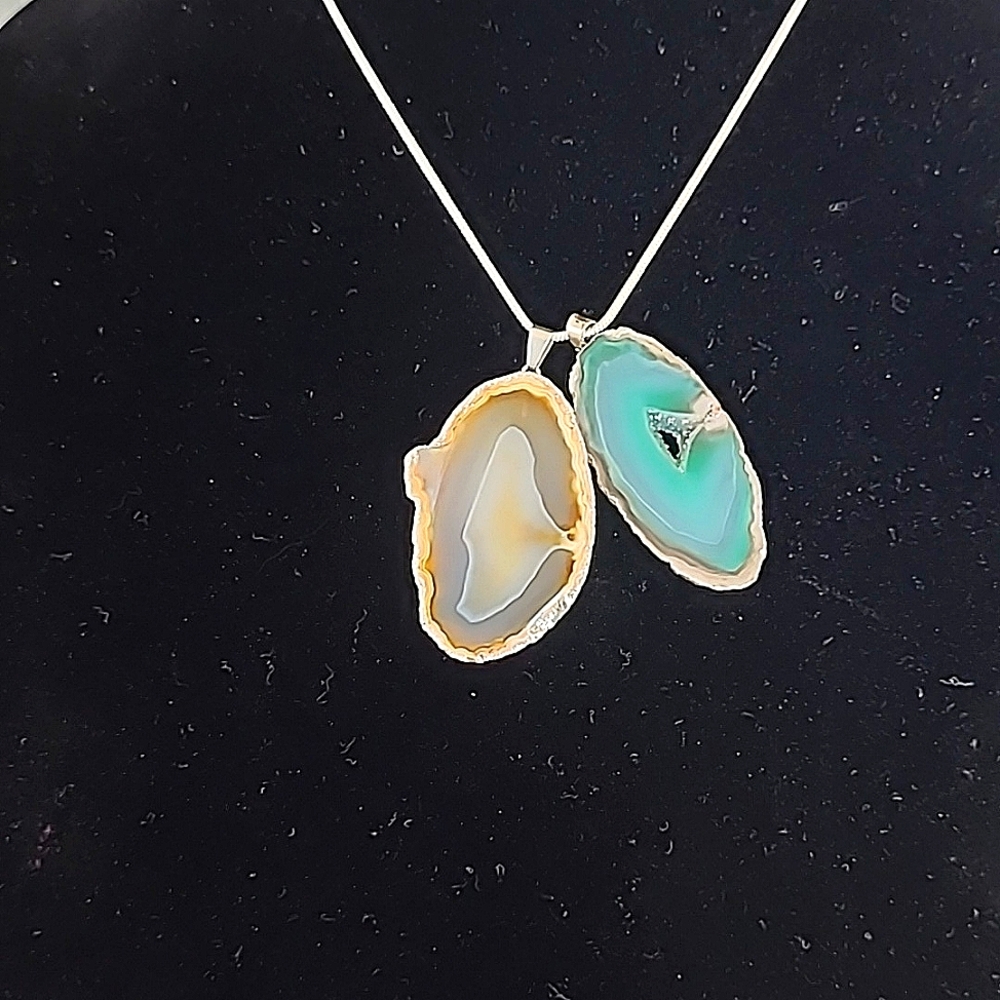 2 Genuine Brazilian Agate Quartz Pendants with 18" silver extender Chain